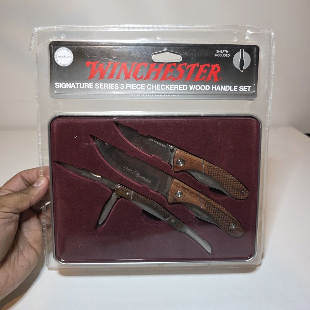 Winchester Signature Series 3 Piece Knife Set Checkered Wood Handle W Tin Case